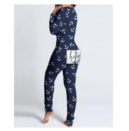 Sexy Pyjama Women's Long Sleeves Homewear Suit Button-Down Front Back Butt Bum Open Ass Flap Jumpsuit Loungewear Christmas Print