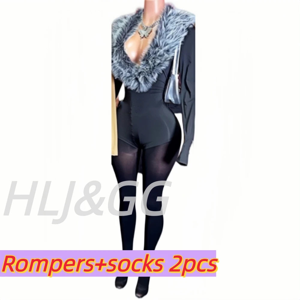 HLJ&GG Black Sexy Fur Splicing Deep V Bodycon One Piece Rompers Women Long Sleeve Slim Jumpsuits Fashion Streetwear With Belt