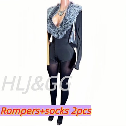 HLJ&GG Black Sexy Fur Splicing Deep V Bodycon One Piece Rompers Women Long Sleeve Slim Jumpsuits Fashion Streetwear With Belt