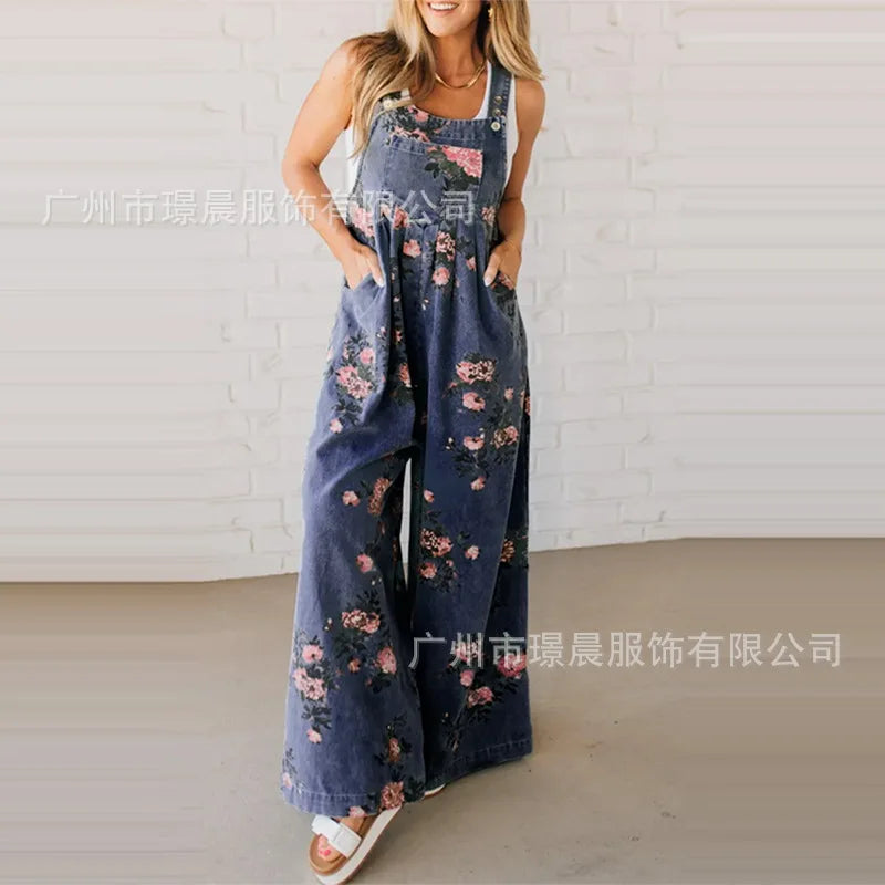 New Summer Women's Fashion Printed Wide-leg Strap Jumpsuit For Women Elegant Loose Party Holiday Casual Jumpsuits Rompers