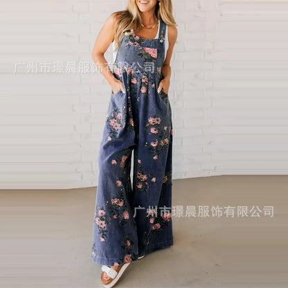 New Summer Women's Fashion Printed Wide-leg Strap Jumpsuit For Women Elegant Loose Party Holiday Casual Jumpsuits Rompers
