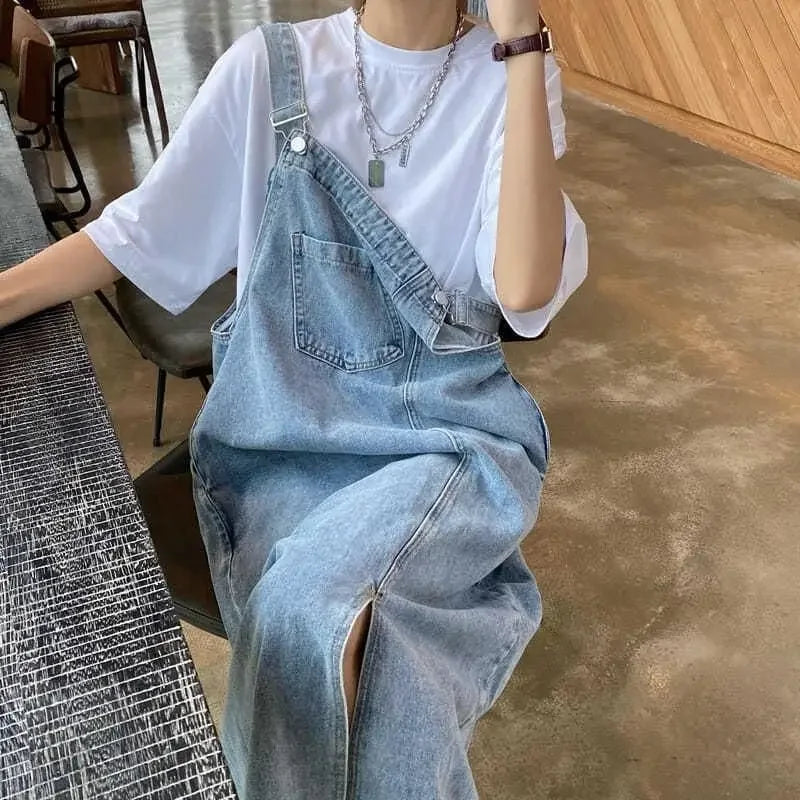 Korean style Denim Overall Dress Women Sleeveless Jeans Dresses Female Solid Slip Casual Loose Spaghetti Strap Dresses