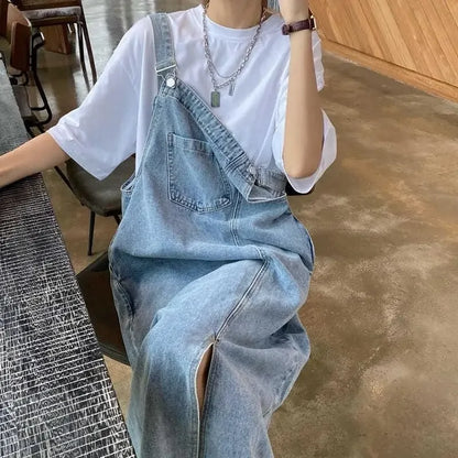 Korean style Denim Overall Dress Women Sleeveless Jeans Dresses Female Solid Slip Casual Loose Spaghetti Strap Dresses