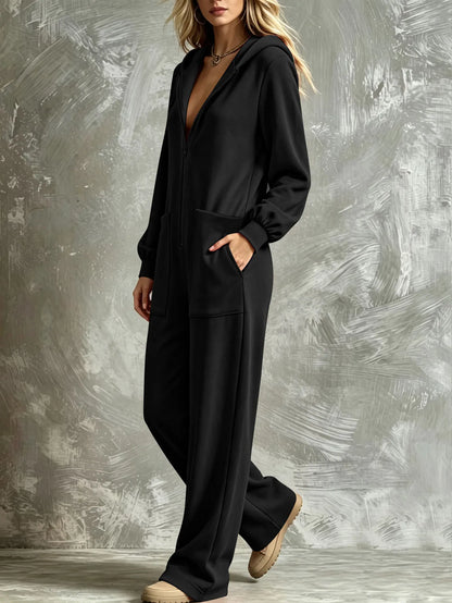 Autumn New Fashion Hooded Zipper Women's Jumpsuit Casual Loose Jumpsuit Straight Pants Pocket Rompers Lazy Female Home Wear 2026