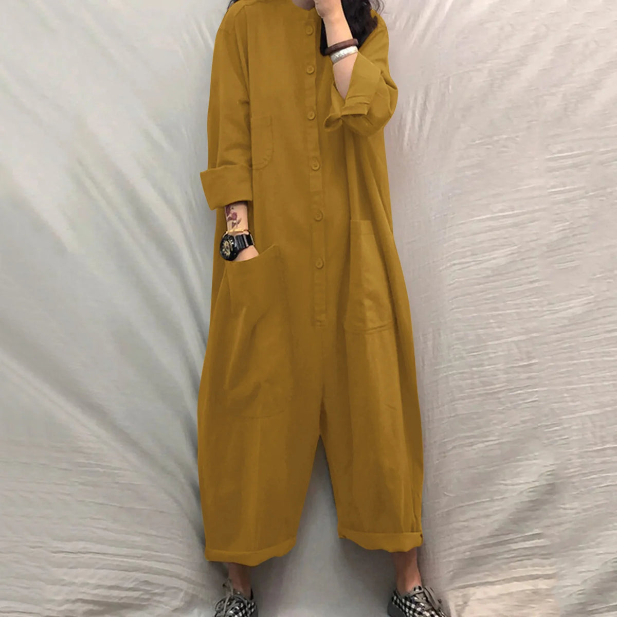 Solid Color Casual Loose Pocket Jumpsuit Women New Fall Simple Long Sleeve Shirt Female Vacation Rompers Fashionable Streetwear