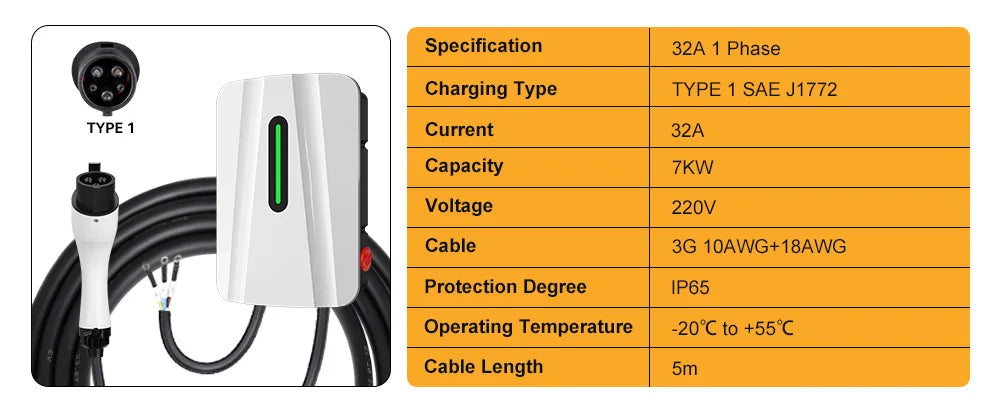 JDMEX 7KW EV Charging Station Type1 Type2 GBT 32A 1Phase Electric Vehicle Charger IP55 5M EVSE LED Wallbox Charger With Holder