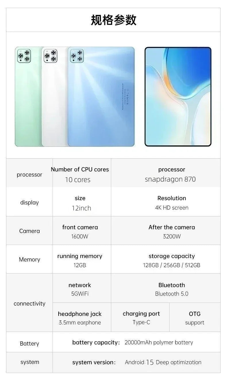 2026 Global Original Tablet iPad Air PRO 12 inch Android 15 22GB+2TB 20000mAh 5G Dual SIM Card WiFi GPS HD 4K Mi AndroidTablet