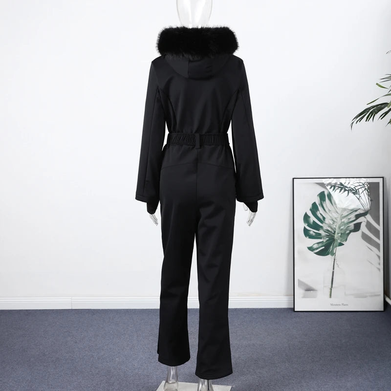 Fashion Hooded One-Piece Ski Jumpsuit Women Stand Collar Zipper High Waist Solid Windproof Outwear 2026 Winter Lady Skiwears New