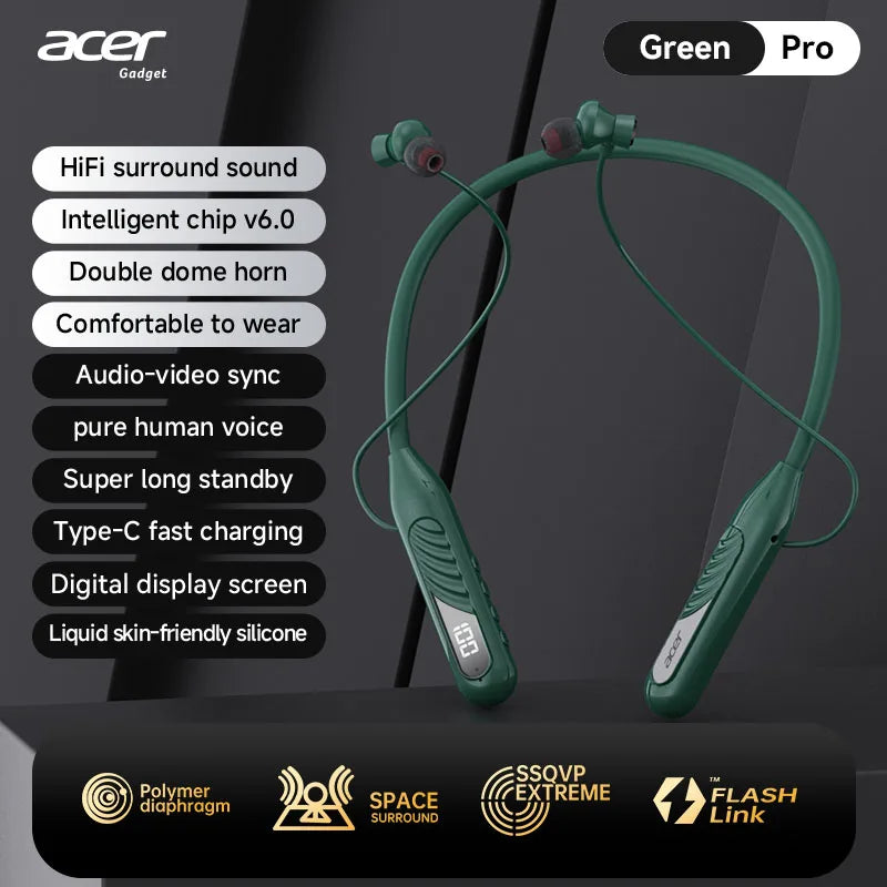 Acer OHR635 Neckband Bluetooth Headphones 40H Playtime Digital Display Wireless 6.0 Earphones with Mic