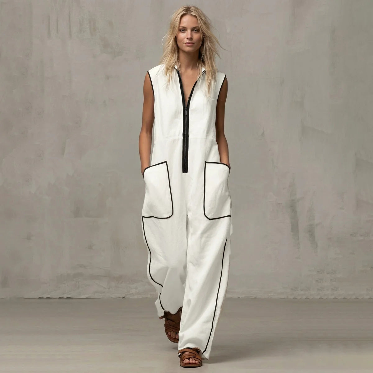 UOOZEE Women White Jumpsuits 2026 New Contrast Color Line Pockets Loose Stand Collar Zipper Casual Vacation Wide Leg Outfits