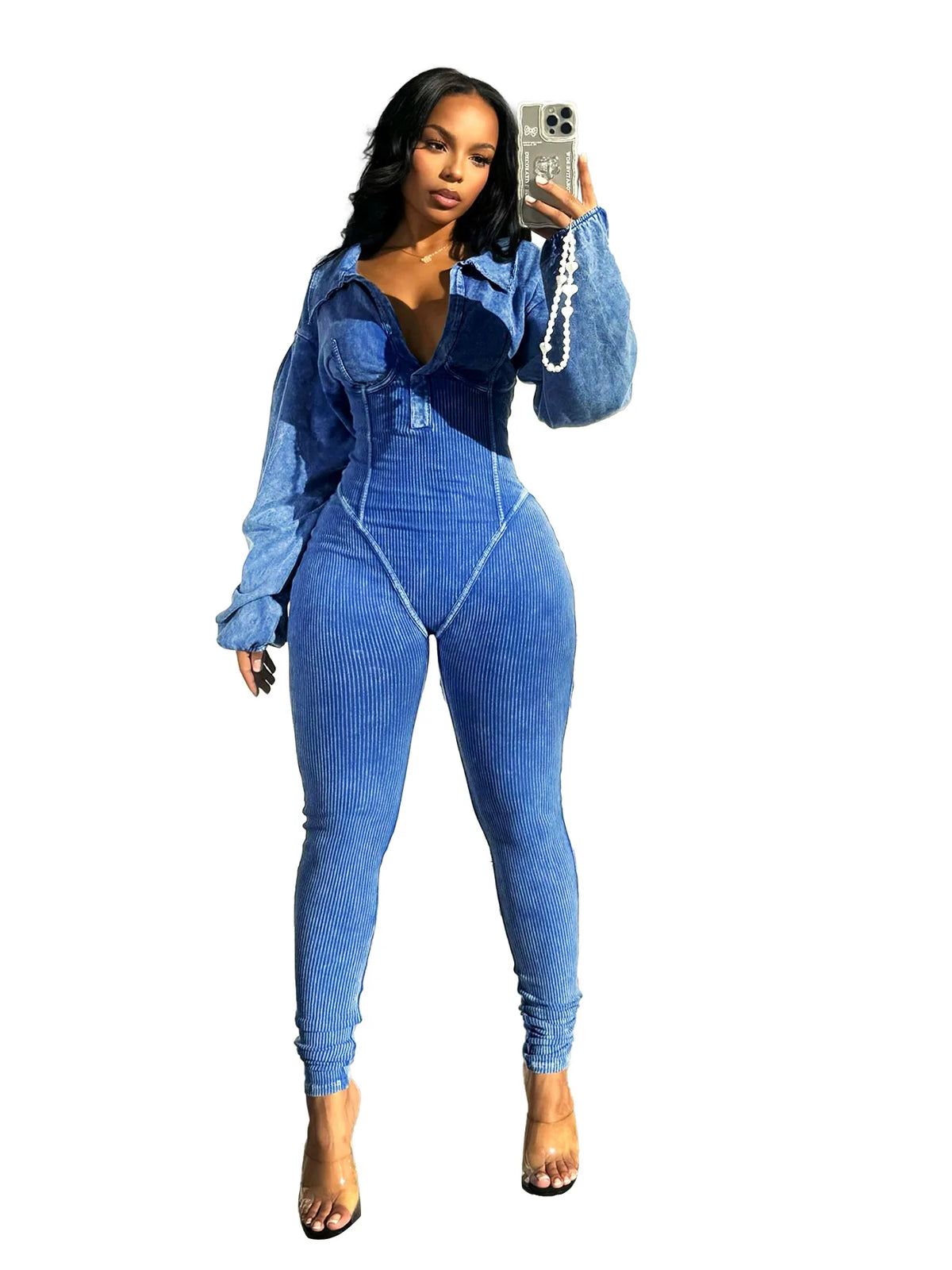CM.YAYA Fashion Women Knit Ribbed Long Sleeve Moto Biker Jumpsuits 2024 Autumn Washed Street Playsuit One Piece Suit Romper