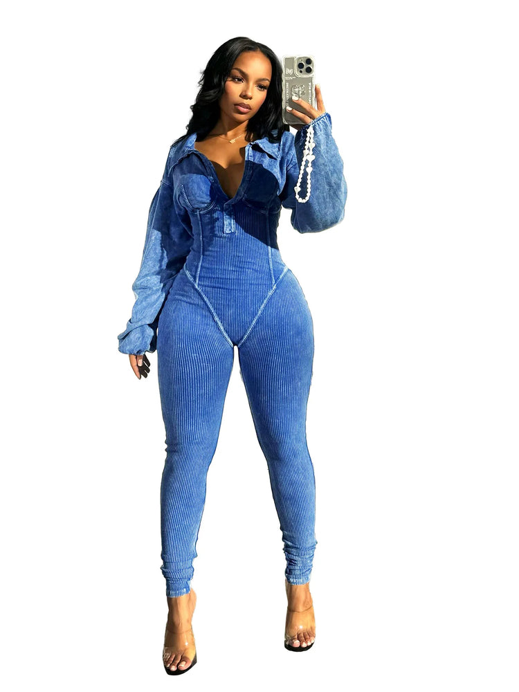 CM.YAYA Fashion Women Knit Ribbed Long Sleeve Moto Biker Jumpsuits 2024 Autumn Washed Street Playsuit One Piece Suit Romper