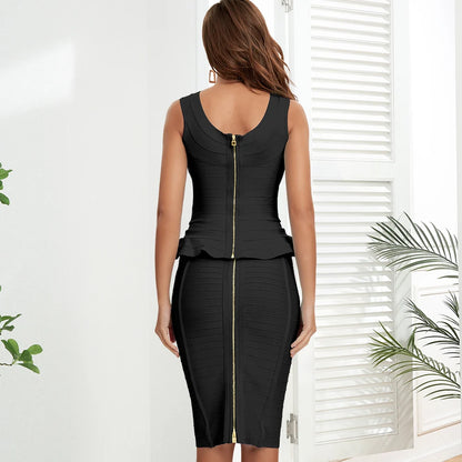 BEAUKEY Winter Elegant Fashion Bandage Top Blue Camis Black Bodycon Pencil Skirt 2022 For Women Office Lady Ruffle Sets 2 Piece