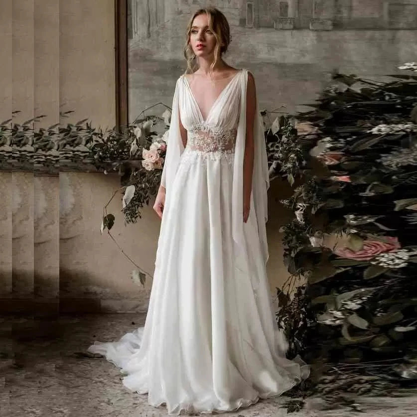 Beach Wedding Dresses Cap Sleeve A-Line Chiffon Appliques Lace Princess Bride Dress Arabic Wedding Gown Vestido De Noiva