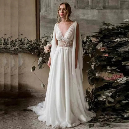 Beach Wedding Dresses Cap Sleeve A-Line Chiffon Appliques Lace Princess Bride Dress Arabic Wedding Gown Vestido De Noiva