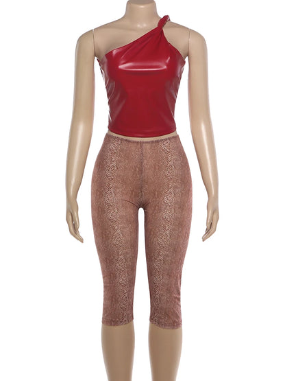 Sisterlinda Summer Hipster 2-Piece Set Women Slanted Shoulder Pu Tank Top+Calf Shorts Matching Stretch Skinny Clubwear Outfits