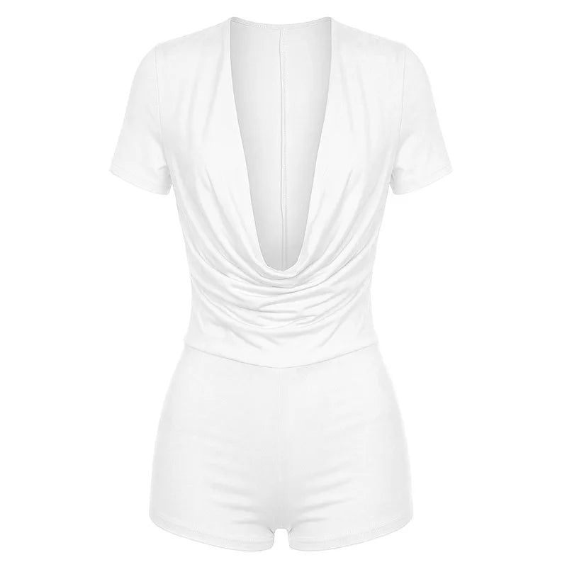 Sexy Solid Deep V-neck Short-sleeve White Playsuits Rompers Women Summer Bodycon Short Jumpsuit for Women