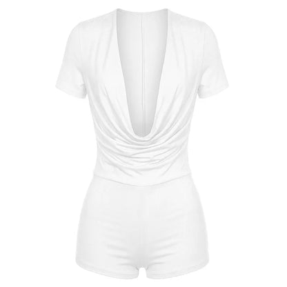 Sexy Solid Deep V-neck Short-sleeve White Playsuits Rompers Women Summer Bodycon Short Jumpsuit for Women