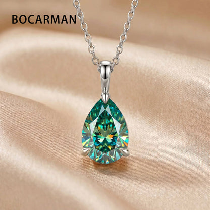 Bocarman Colorful Pear Moissanite Pendant on S925 Silver Chain GRA Iridescent Teardrop Whimsical Enchanting Gift