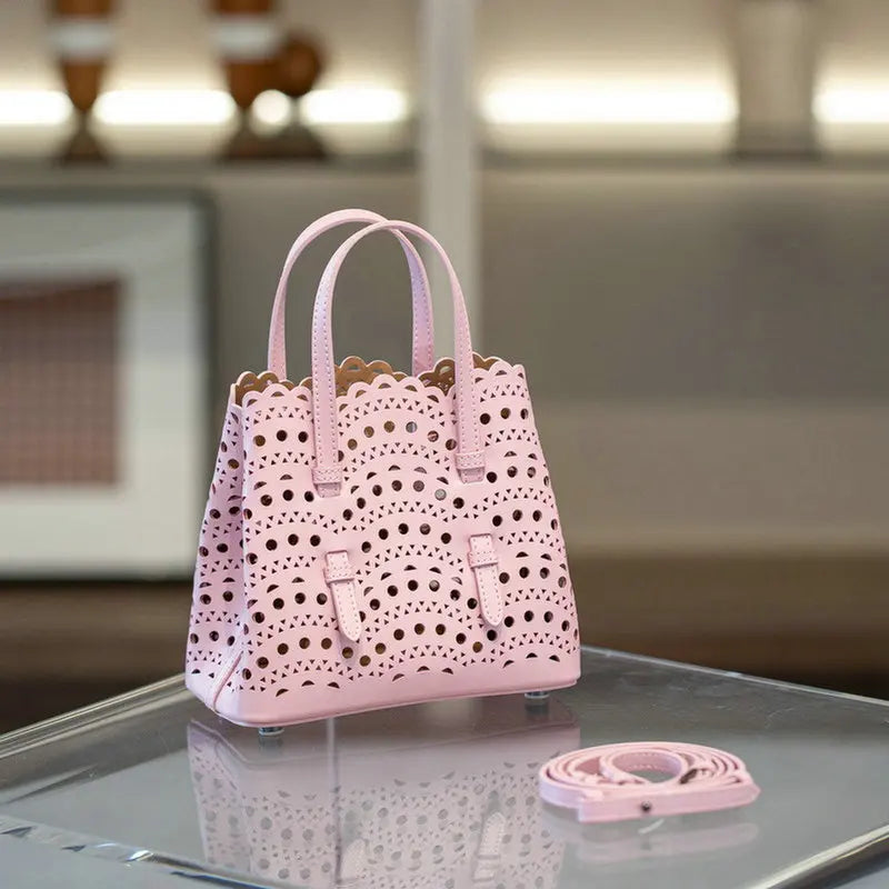 Brand Designer Luxury High Quality Mini Cowhide Shoulder Handbags 2025 Hollow Fashion Large Capacity Genuine Leather Bucket Bag
