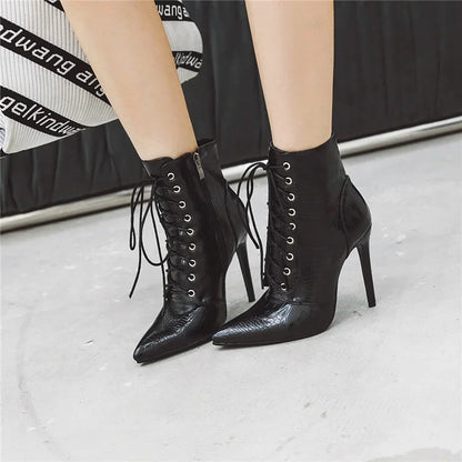 Sexy Ankle Cowboy Boots For Women Dance Shoes Fashion Snake Red White Black High Heels Lace Up Short Boot Autumn Large Size