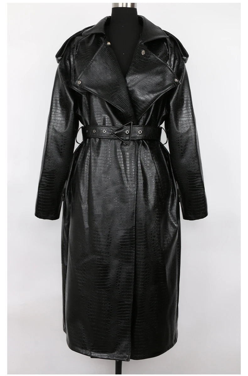 Nerazzurri Spring Autumn Long Oversized Colorful Snakeskin Print Patent Leather Trench Coat for Women Belt Runway Fashion 2022