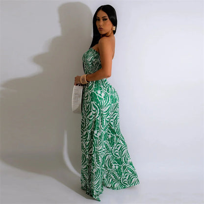 Elegant Print Jumpsuits for Woman Romper Sleeveless Backless Strapless High Waist Loose Straight Wide Leg Jumpsuit Club Clothing