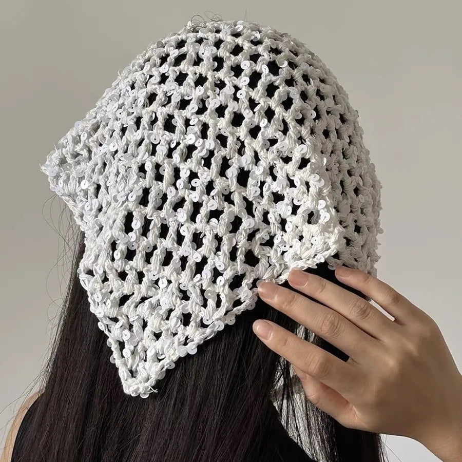 French Retro Knitted Triangular Towel Female Hottie Travel Sweet and Cute Literary Style Handmade Crochet Headscarf Headband