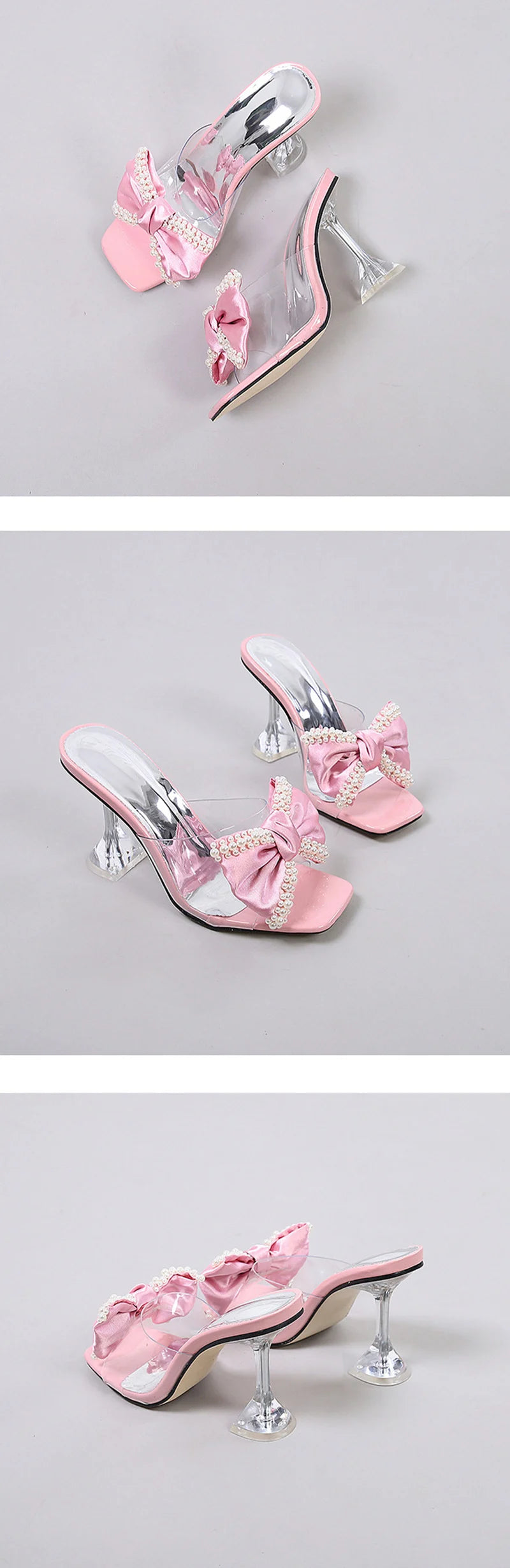 Liyke 2026 New Style Pink Women Slippers Sandals Fashion Pearl Bowknot High Heels PVC Transparent Shoes Summer Mule Slides Pumps