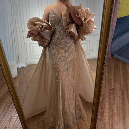 SERENE Hill 2026 Luxury Dubai Nude Strapless Mermaid Beaded Evening Dress with Detachable Sleeve Party Gown GLA72896 Customized