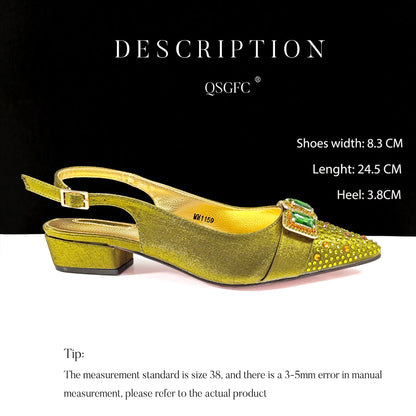 QSGFC New Italian Olive Pumps and Bag for Party 2024 INS Style Pointed-Toe Rhinestone Elegant Low Heels Wedge for Wome