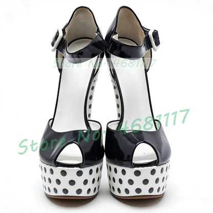 Black Polka Dot Platform Fretwork Heels Sandals Women Sexy Peep Toe Patent Leather Shoes Party Ankle Strap Heelless Sandals