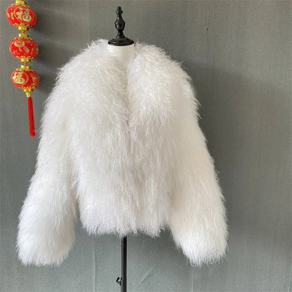 Mongolian Fur Coats Fur Lapel Jacket Women Elegant White Fluffy Solid Thicken Warm Long Sleeves Coats Winter Chic Oversize Lady