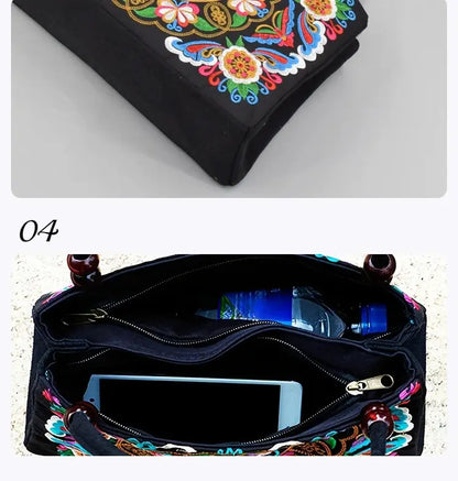 Stylish Floral Embroidered Handbag, Trendy Zipper Canvas Bag, Women's Fashion Purses