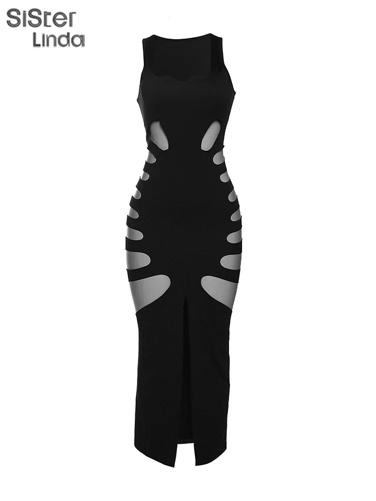 Sisterlinda Sexy Hollow Elegant Midi Dress Women 2023 Summer Sleeveless Hipster Side Split Bodycon Party Clubwear Vestidos Mujer