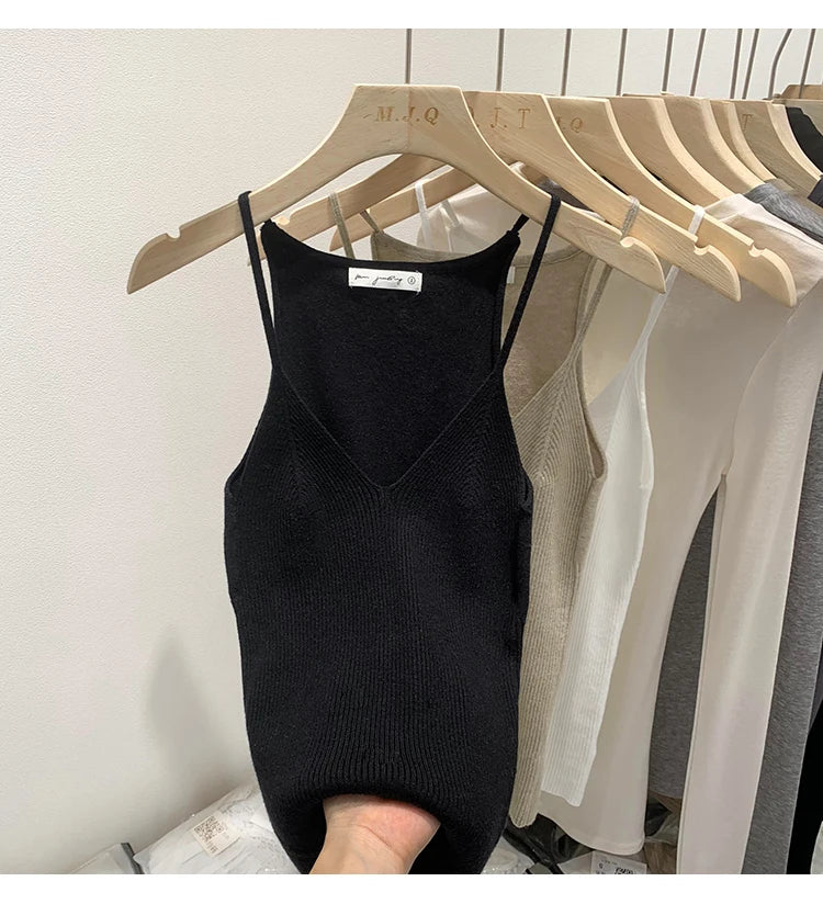 2026 Women Summer Style Sleeveless Vest Solid Color Slim Fit V Neck Knitted Top Fashionable Versatile Base Layer Knit Tank Tops