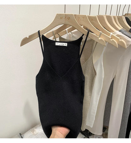 2026 Women Summer Style Sleeveless Vest Solid Color Slim Fit V Neck Knitted Top Fashionable Versatile Base Layer Knit Tank Tops