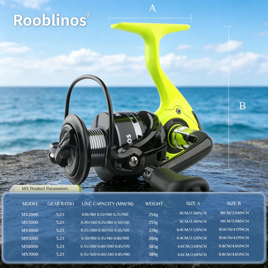 Rooblinos MX Spinning Fishing Reel 5.2:1 Gear Ratio Lightweight Smooth Drag Anti-Reverse for Saltwater Freshwater