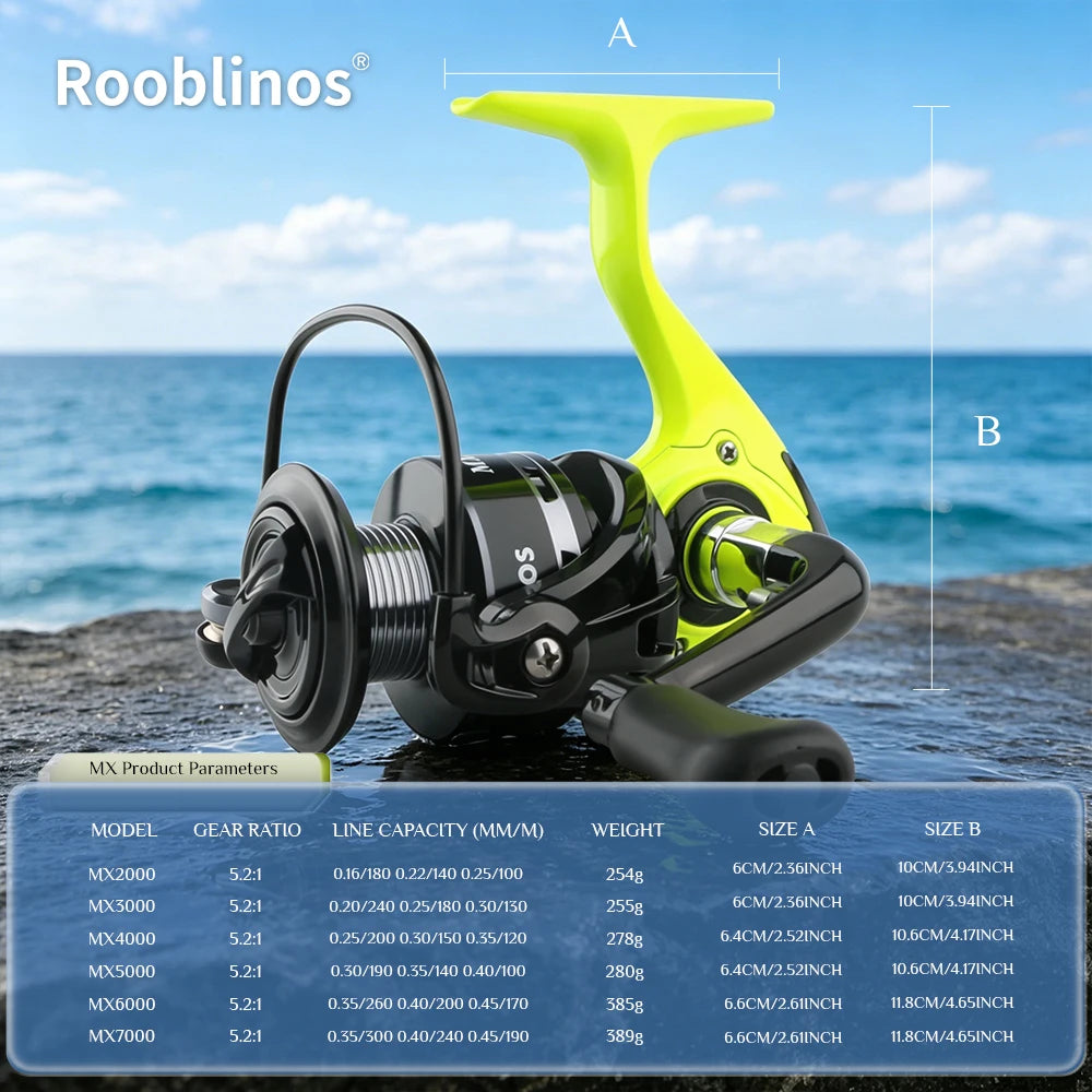 Rooblinos MX Spinning Fishing Reel 5.2:1 Gear Ratio Lightweight Smooth Drag Anti-Reverse for Saltwater Freshwater