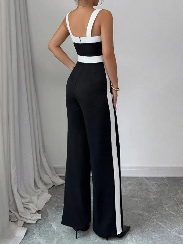 Women's Casual Black Jumpsuit White Contrast Trim Square Neck Great for City Nights Social Gatherings Fashionable Wear