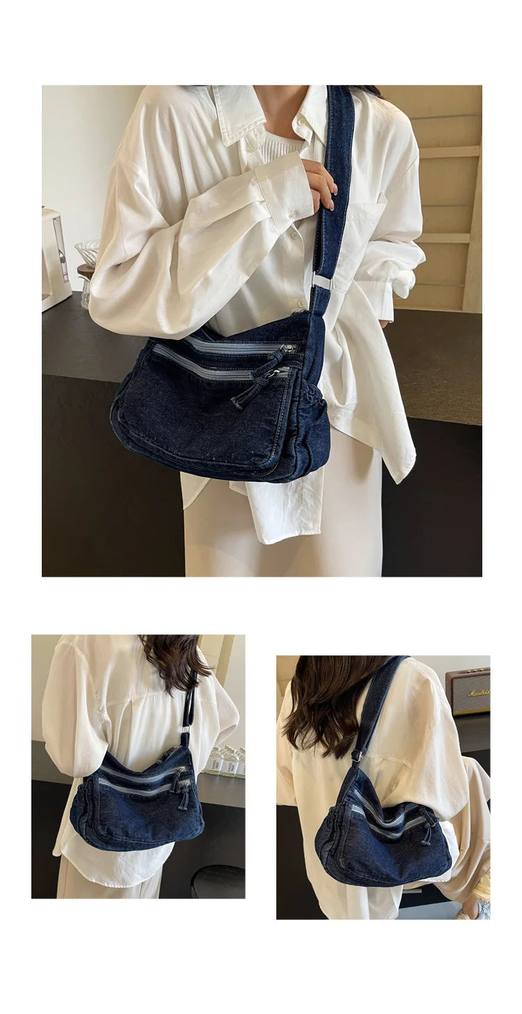 Vintage Denim Women's Shoulder Bag Large Capacity Messenger Bag Multi-pockets Satchel Bags Adjustable Strap Ladies Crossbody Bag