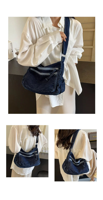 Vintage Denim Women's Shoulder Bag Large Capacity Messenger Bag Multi-pockets Satchel Bags Adjustable Strap Ladies Crossbody Bag