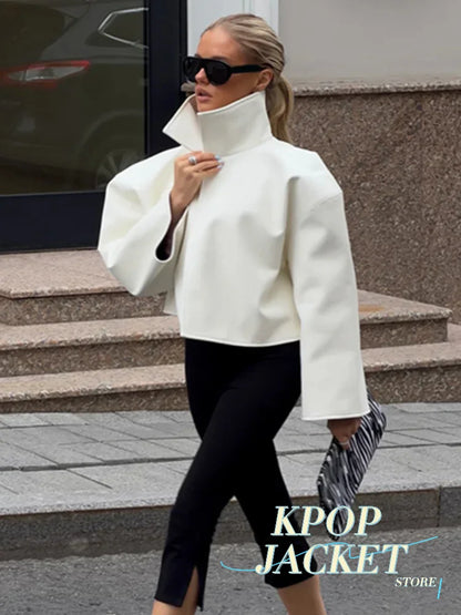 Women Cropped PU Leather Jacket Stand Collar Wide Flare Sleeve Asymmetrical Wrap Open Front Coat 2026 Autumn Chic Loose Jackets