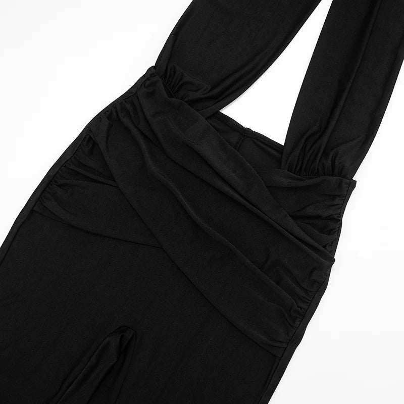 Halter Backless Jumpsuit Woman Sexy Hollow Fit Patchwork Waist Ruched Midnight Activity Workout Streetwear Overalls