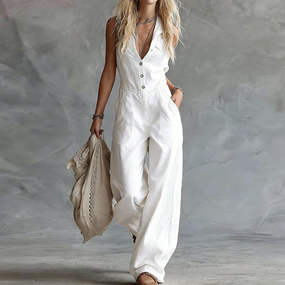 New White Patchwork Sleeveless Casual Jumpsuits Women Summer Buttons V Neck Fashion Playsuits 2026 Elegant Chic Ladies Bodysuits