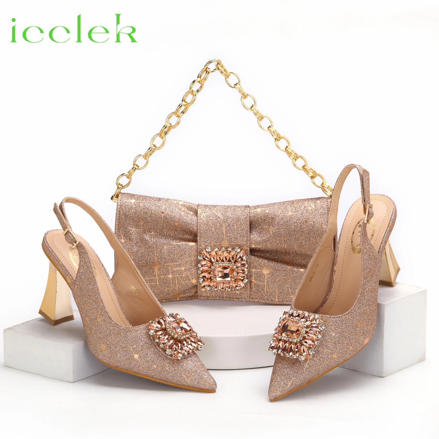 Women High Heels Sandals Shinning Material with Rhinestone Italian Design T.Blue Color Pointed Toe Shoes and Bags Set