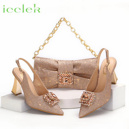 Women High Heels Sandals Shinning Material with Rhinestone Italian Design T.Blue Color Pointed Toe Shoes and Bags Set