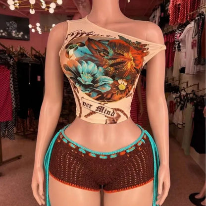 Chic Floral Print One Shoulder Two Piece Set for Women, Cropped Top + Knit Drawstring Hot Shorts, Daily Street & Resort Outfit