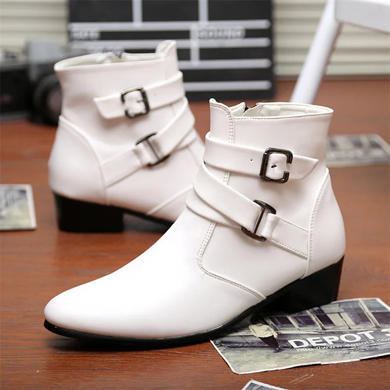Leather Chelsea Boots Men Designer 2024 White Dress Boots Men Casual High top Buckle Strap Formal Shoes Men Motorcycle Boots