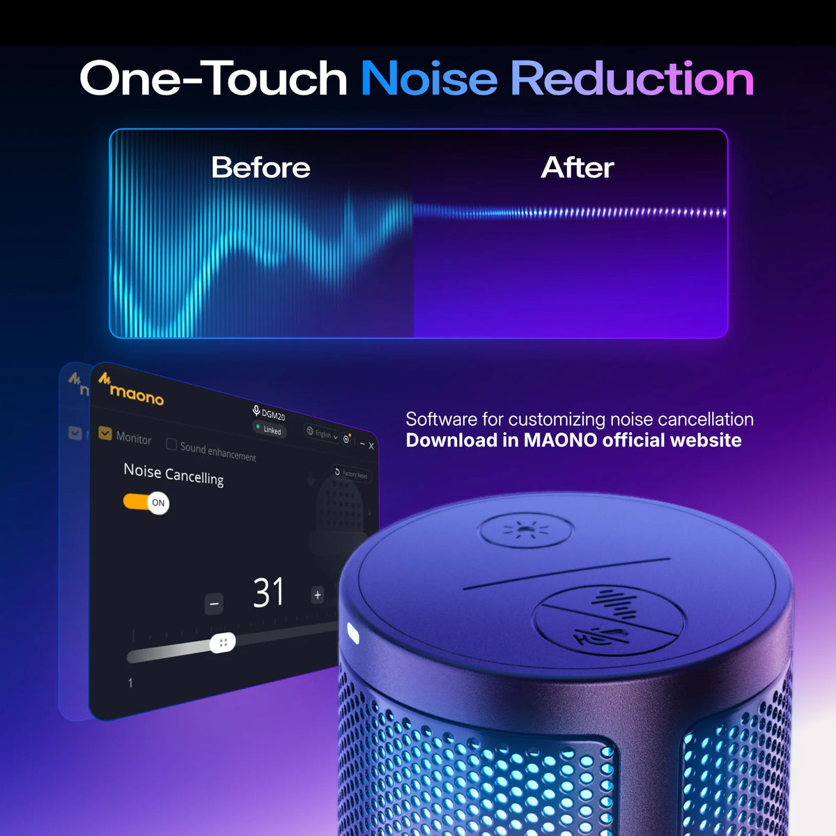 MAONO DGM20S Gaming USB Microphone Noise Cancellation RGB Lights Mute Zero Latency Monitoring for Living Streaming Podcasting